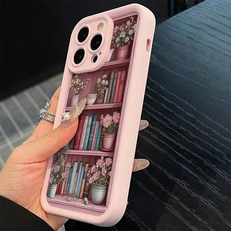 Pink Floral Bookshelf iPhone Case – Shockproof Cover for iPhone 7–17 Pro Max
