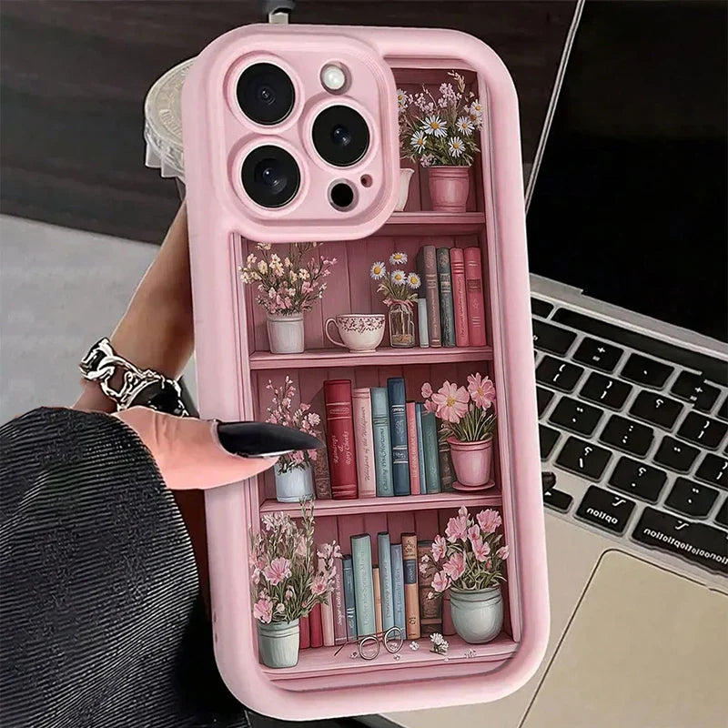 Pink Floral Bookshelf iPhone Case – Shockproof Cover for iPhone 7–17 Pro Max