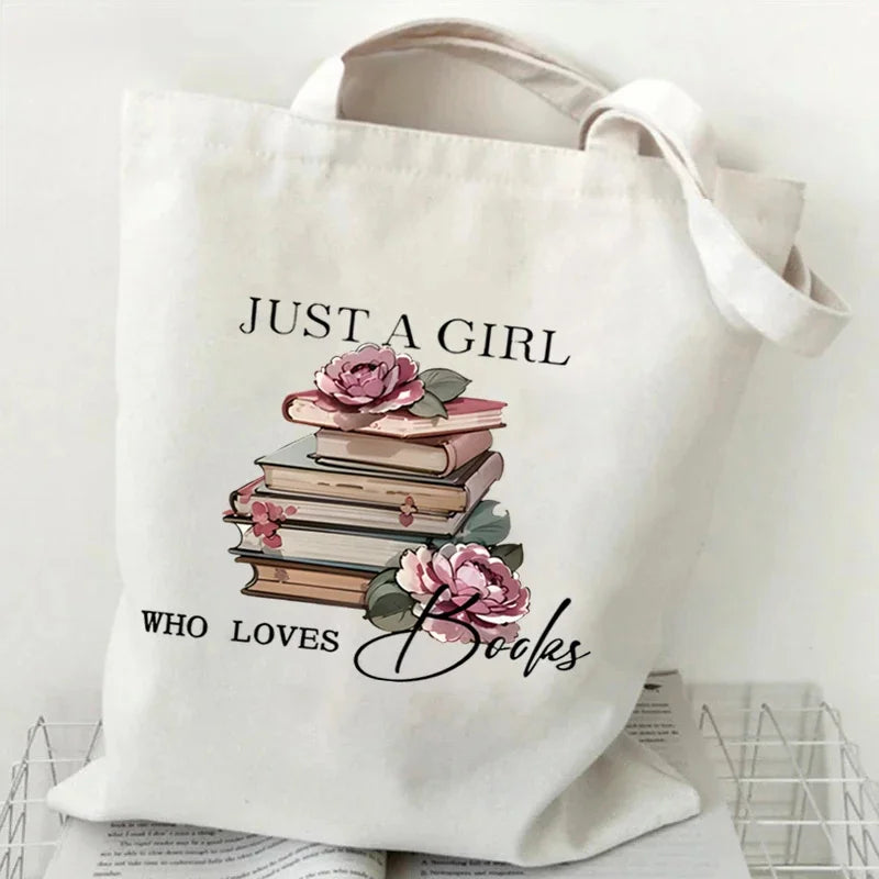 Just a Girl Who Loves Books – Vintage Rose Canvas Tote Bag for Book Lovers